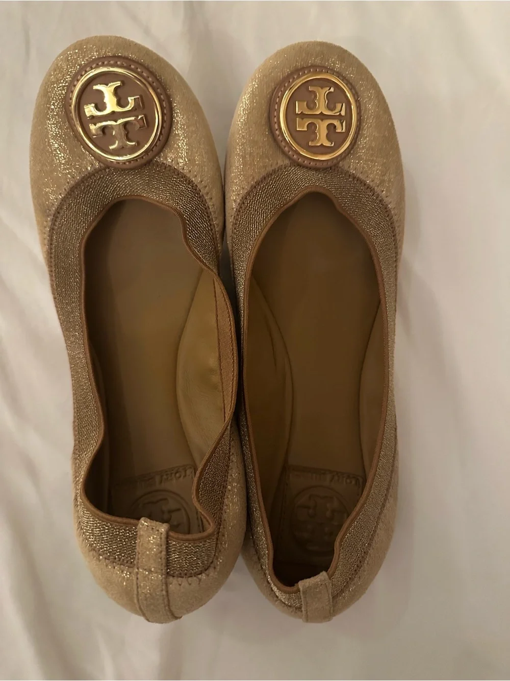 Tory Burch Glittery Gold Logo Round-Toe Ballet Flats